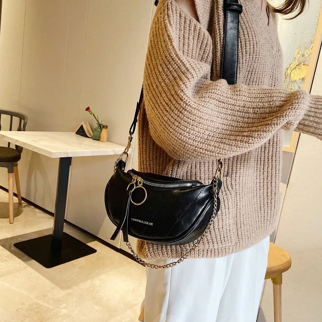 Elegant Double Zipper Leather Shoulder Bag | ULZZANG BELLA