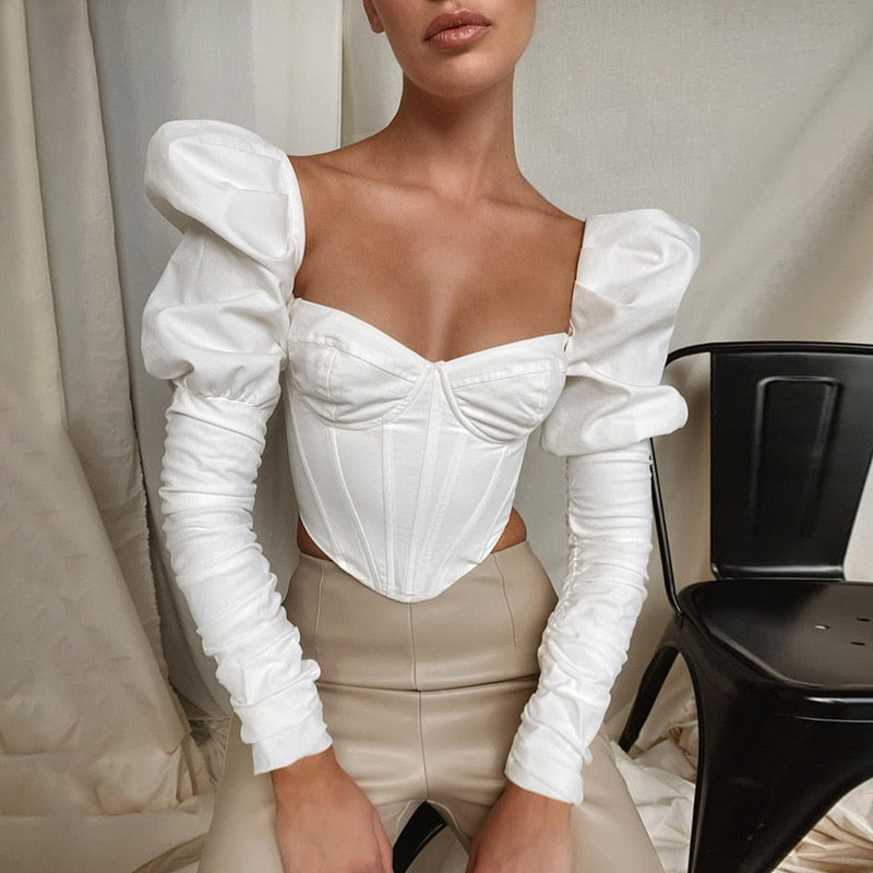 Chic Puff Long Sleeve Crop Top Bustier for Women | ULZZANG BELLA