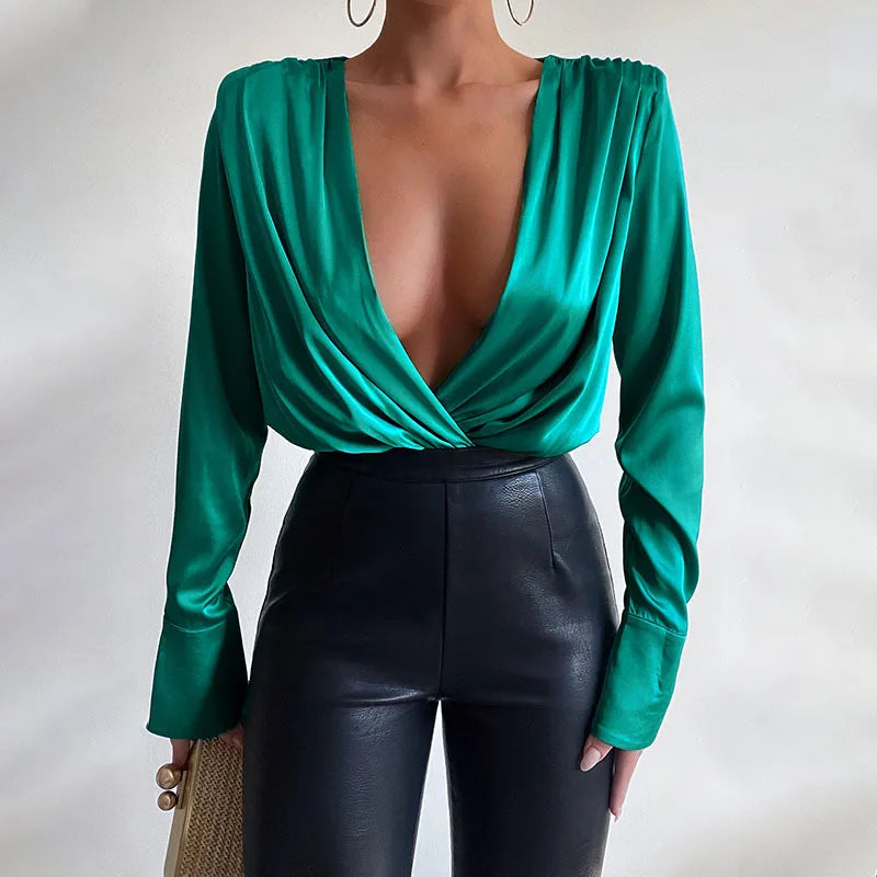 Elegant V-Neck Satin Bodycon Bodysuit for Women | ULZZANG BELLA