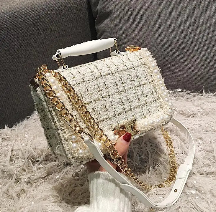 Sophisticated Woolen Pearl Square Tote Bag with Chain Detail | ULZZANG BELLA