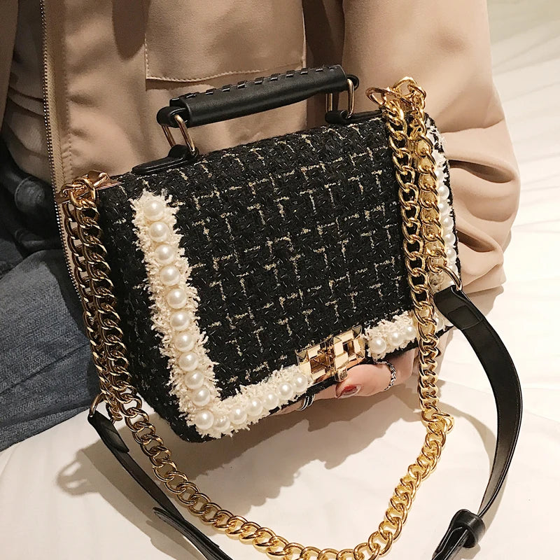 Sophisticated Woolen Pearl Square Tote Bag with Chain Detail | ULZZANG BELLA