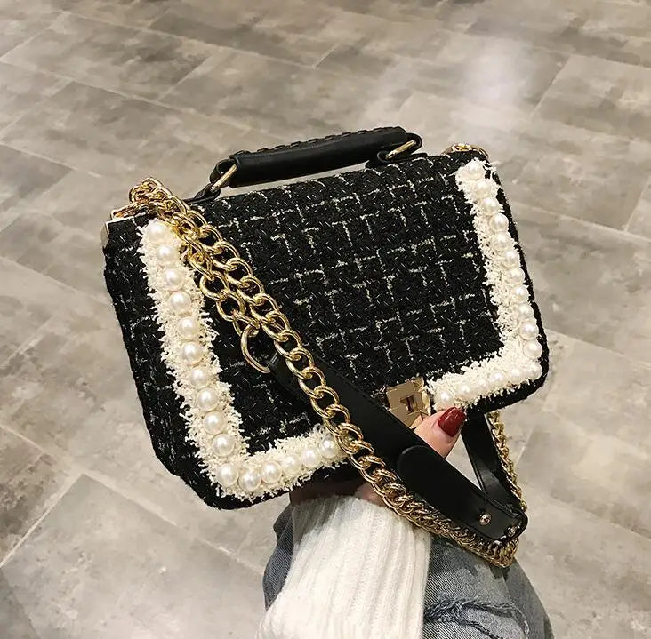Sophisticated Woolen Pearl Square Tote Bag with Chain Detail | ULZZANG BELLA