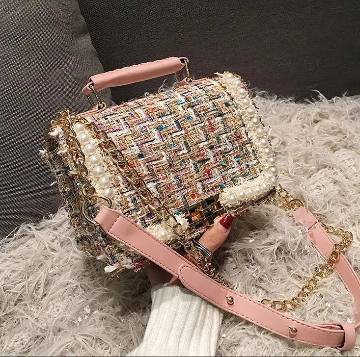 Sophisticated Woolen Pearl Square Tote Bag with Chain Detail | ULZZANG BELLA