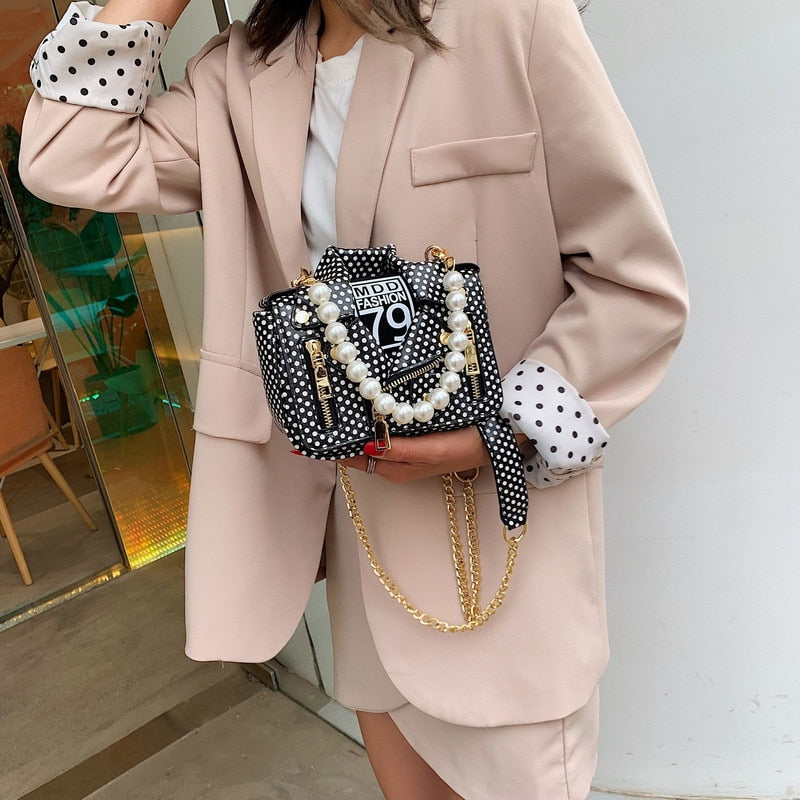 Pearl Handle Chain Mini Jacket Messenger Handbag for Women | ULZZANG BELLA