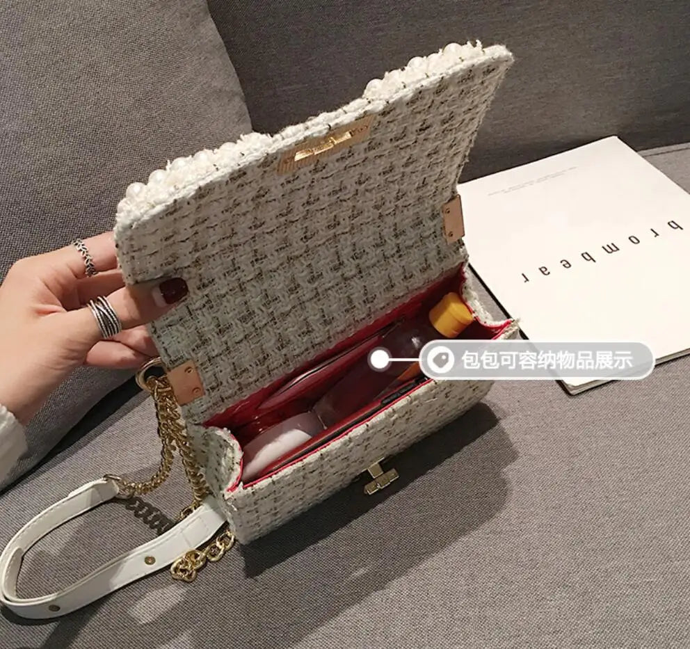Sophisticated Woolen Pearl Square Tote Bag with Chain Detail | ULZZANG BELLA