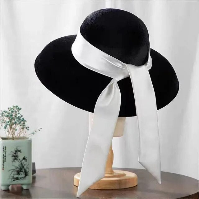 Designer Brimmed Velvet Ribbon Hat for Women | ULZZANG BELLA