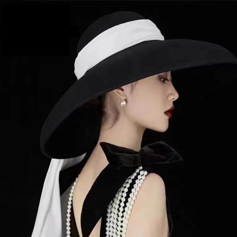 Designer Brimmed Velvet Ribbon Hat for Women | ULZZANG BELLA