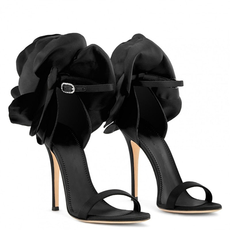 Satin Flower Sheepskin High Heel Sandals for Women | ULZZANG BELLA