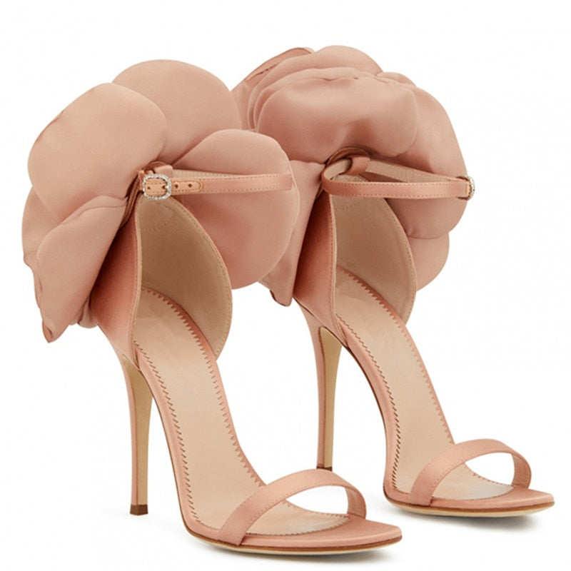 Satin Flower Sheepskin High Heel Sandals for Women | ULZZANG BELLA