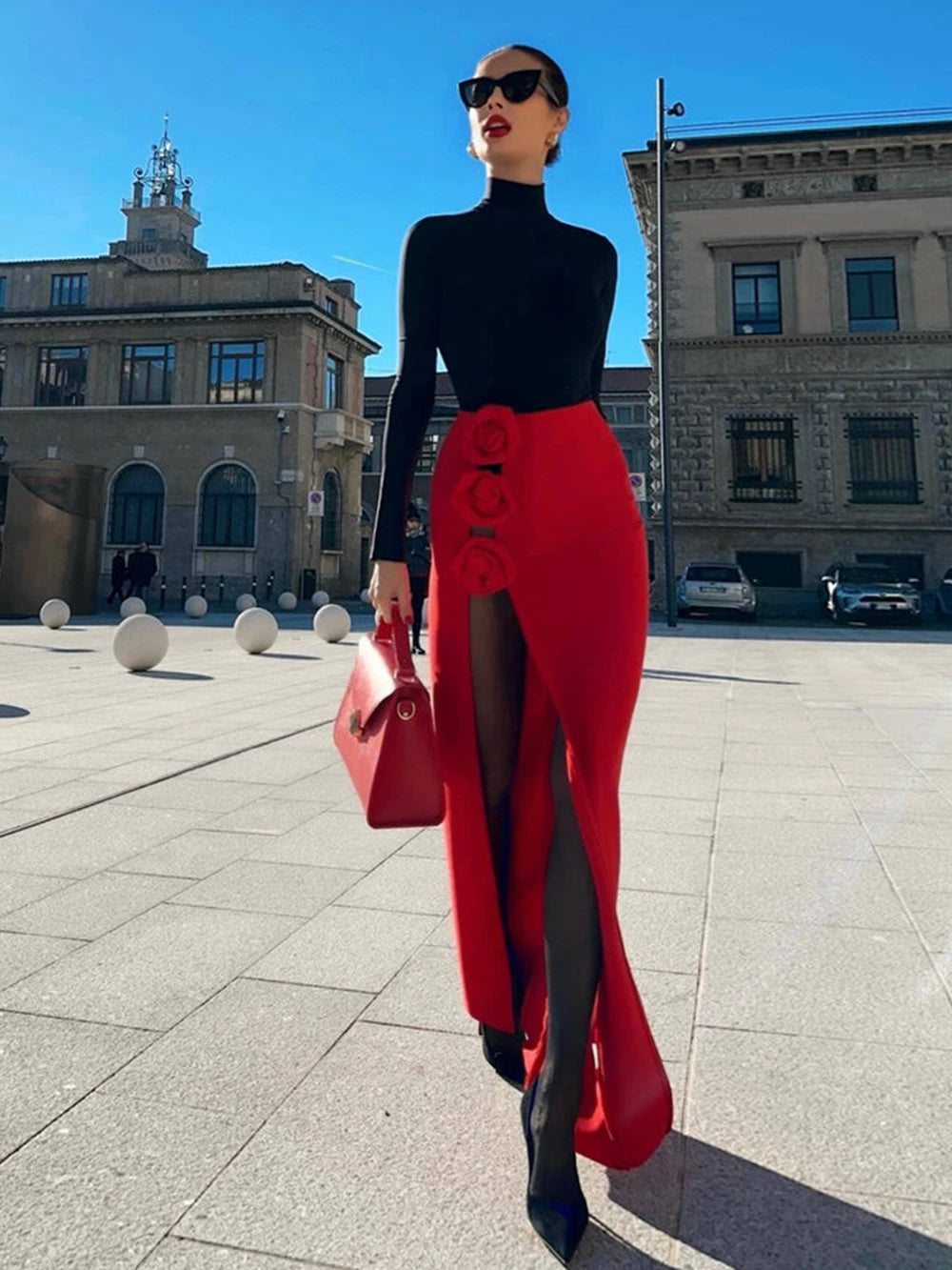 Luxurious Red 3D Flower High Split Long Skirt for Women | ULZZANG BELLA