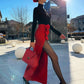 Luxurious Red 3D Flower High Split Long Skirt for Women | ULZZANG BELLA