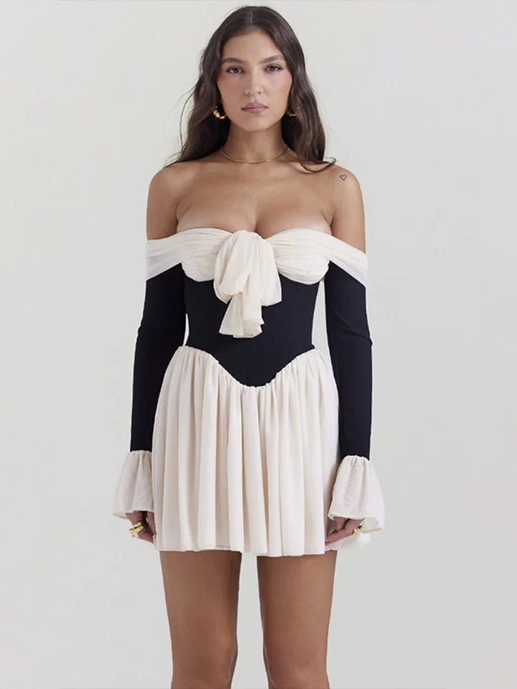 Elegant Strapless Flare Sleeve Mini Dress for Women | ULZZANG BELLA