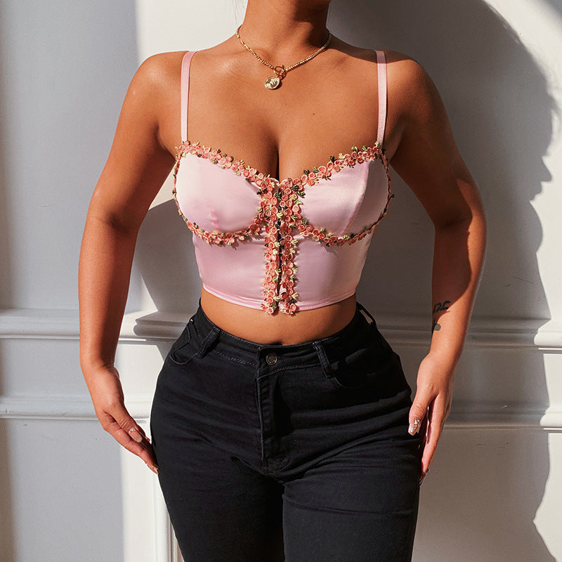 Floral Satin V-Neck Lace Suspender Crop Top for Women | ULZZANG BELLA