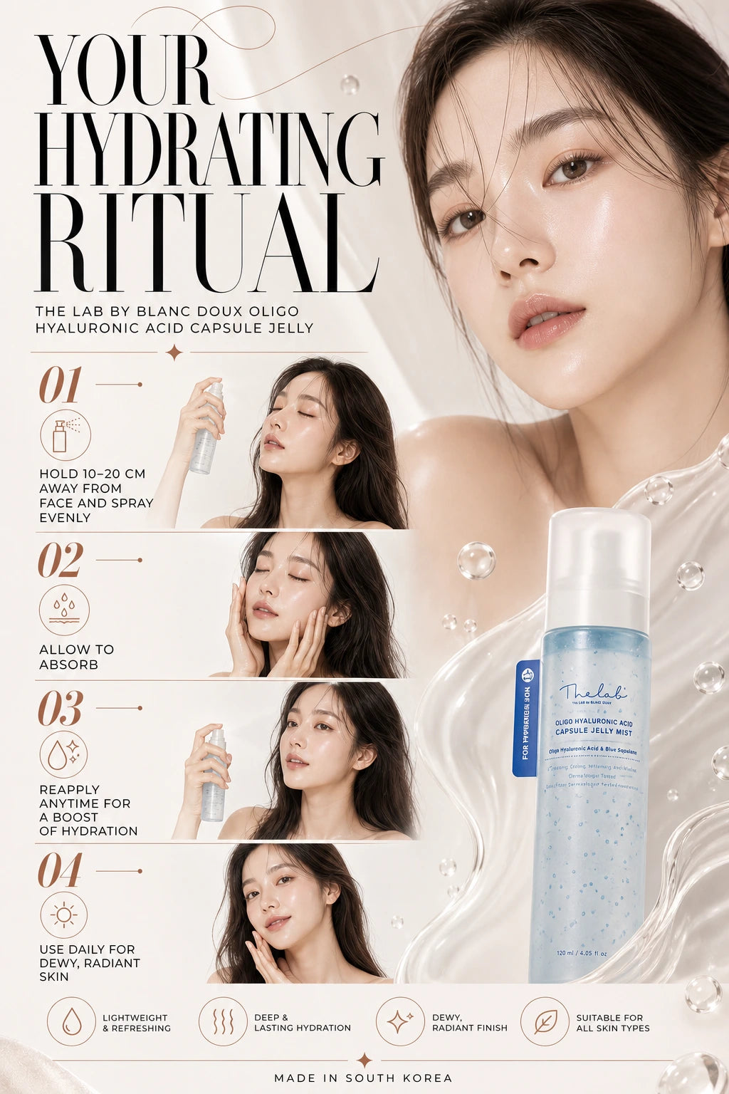 Oligo Hyaluronic Acid Capsule Jelly Mist 120ml | The LAB by BLANC DOUX | The LAB by BLANC DOUX Hydrating Mist, Artisanal Luxury Essence