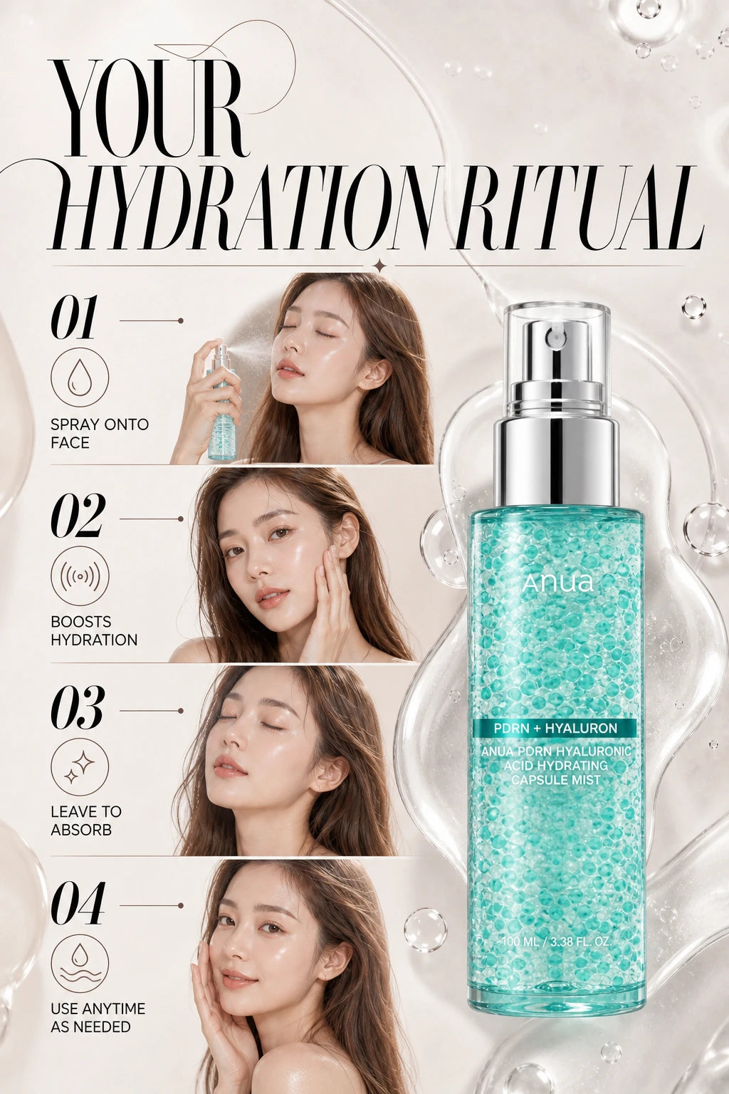 PDRN HYALURONIC ACID HYDRATING CAPSULE MIST 100ml | Anua | Anua PDRN Hydrating Mist - Luxe Couture Skin Elixir