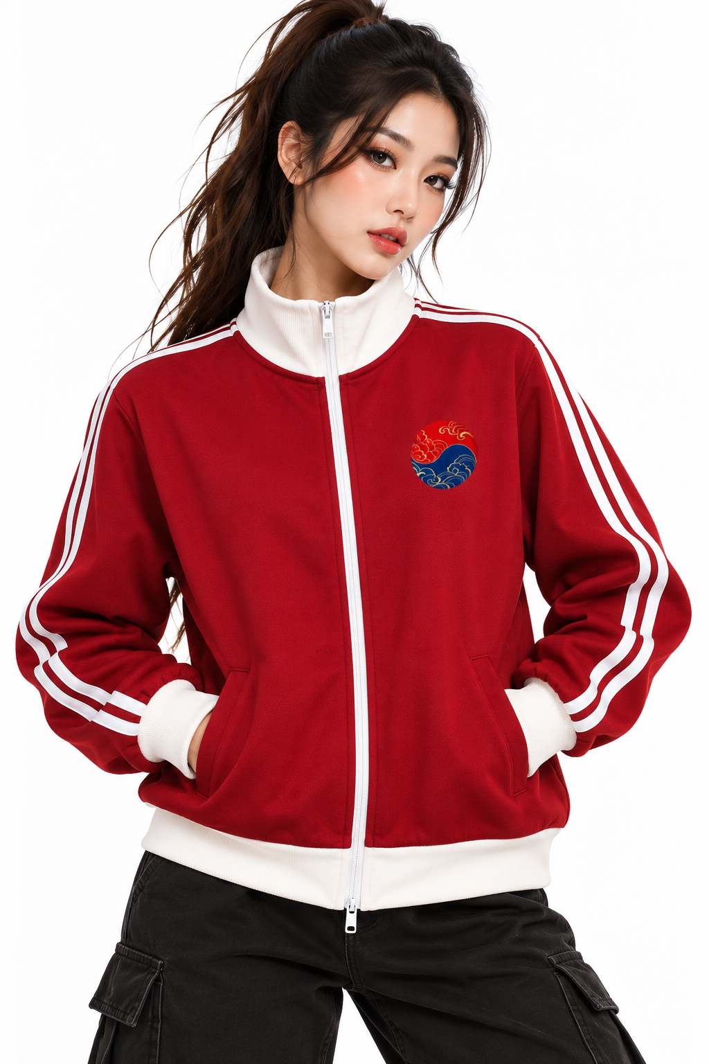 Korean Tiger Fleece-Lined Colorblock Track Jacket | ULZZANG BELLA