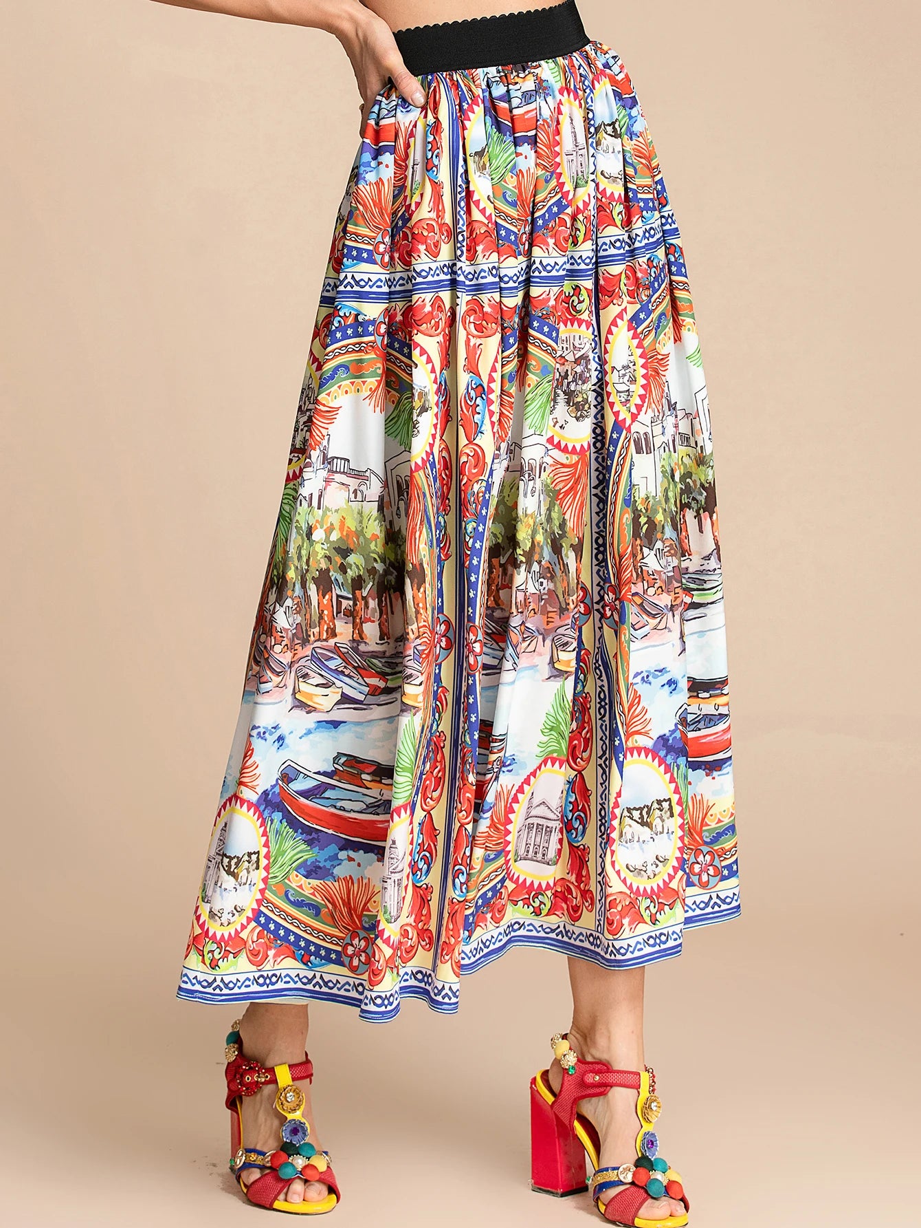 Elegant Italian Floral Print A-Line Midi Skirt for Women | ULZZANG BELLA