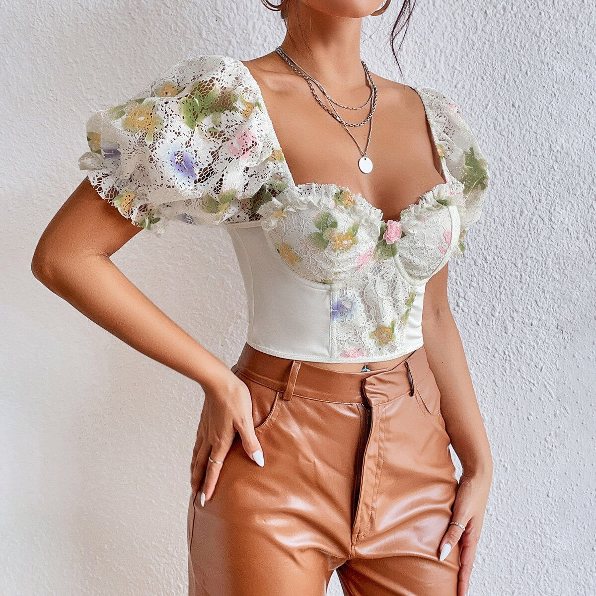 French Floral Bubble Sleeve Lace-Up Crop Top for Women | ULZZANG BELLA