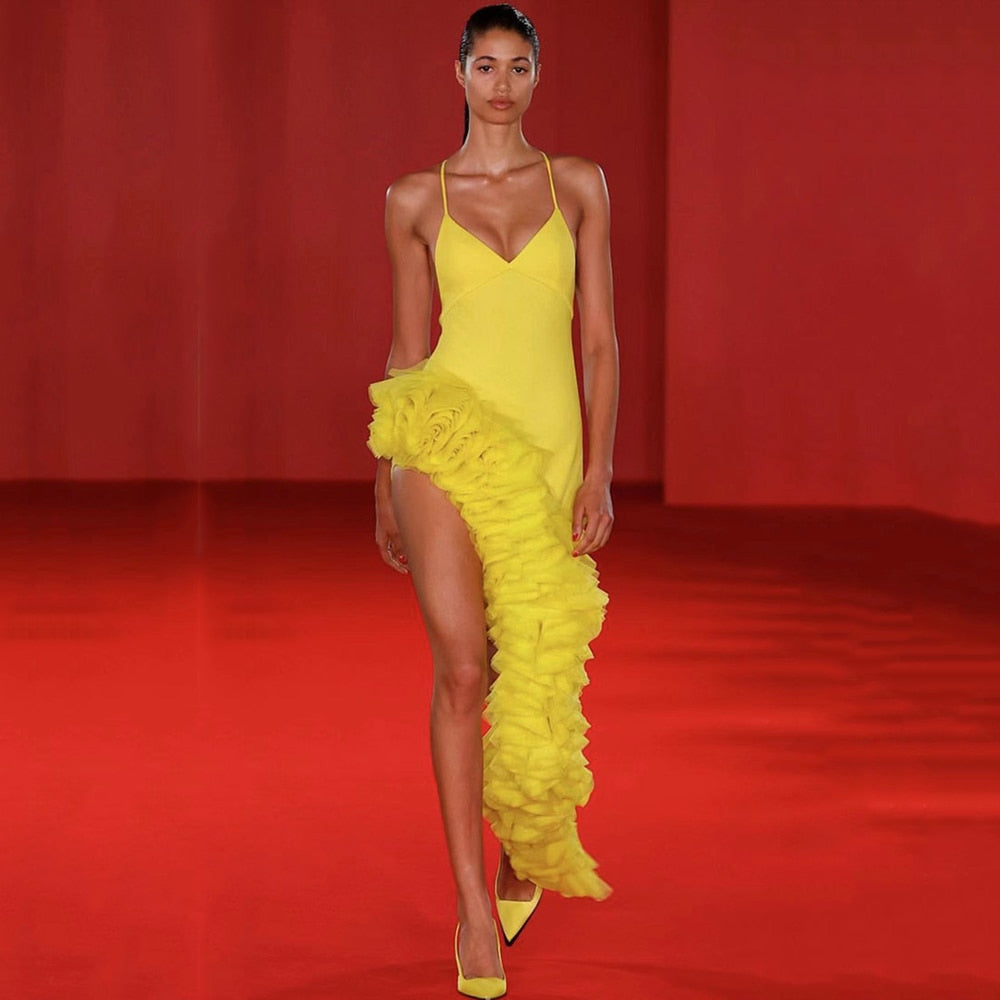 Sexy Yellow Ruffled Backless Bandage Dress for Women | ULZZANG BELLA