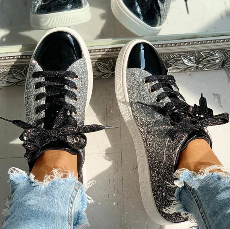 Glam Sparkle Sneakers: Stylish Glitter Lace-Up Shoes for Women | ULZZANG BELLA