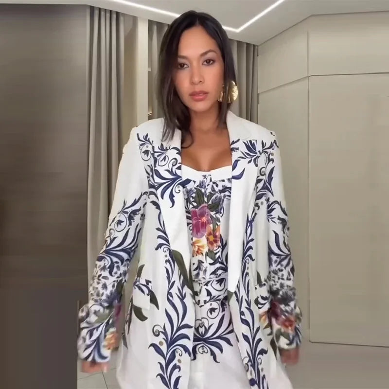 Ottavia Floral-Print Blazer, Corset Top and Wide-Leg Pants Set | ULZZANG BELLA