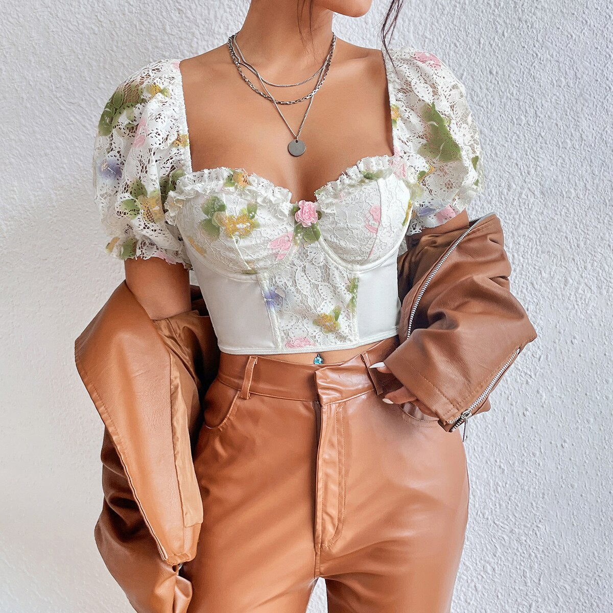 French Floral Bubble Sleeve Lace-Up Crop Top for Women | ULZZANG BELLA