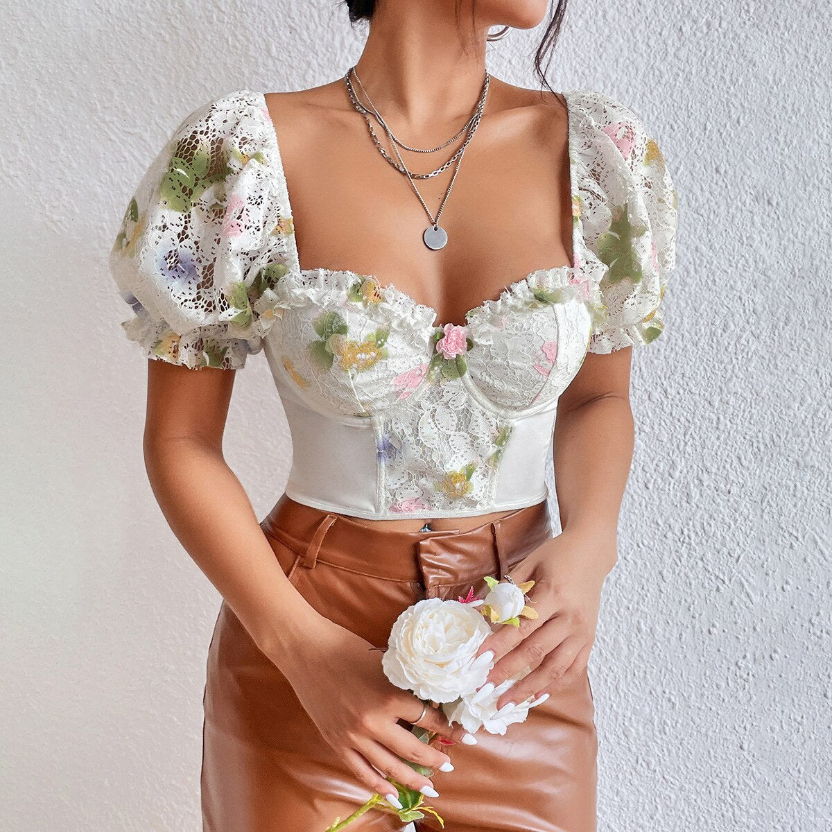 French Floral Bubble Sleeve Lace-Up Crop Top for Women | ULZZANG BELLA