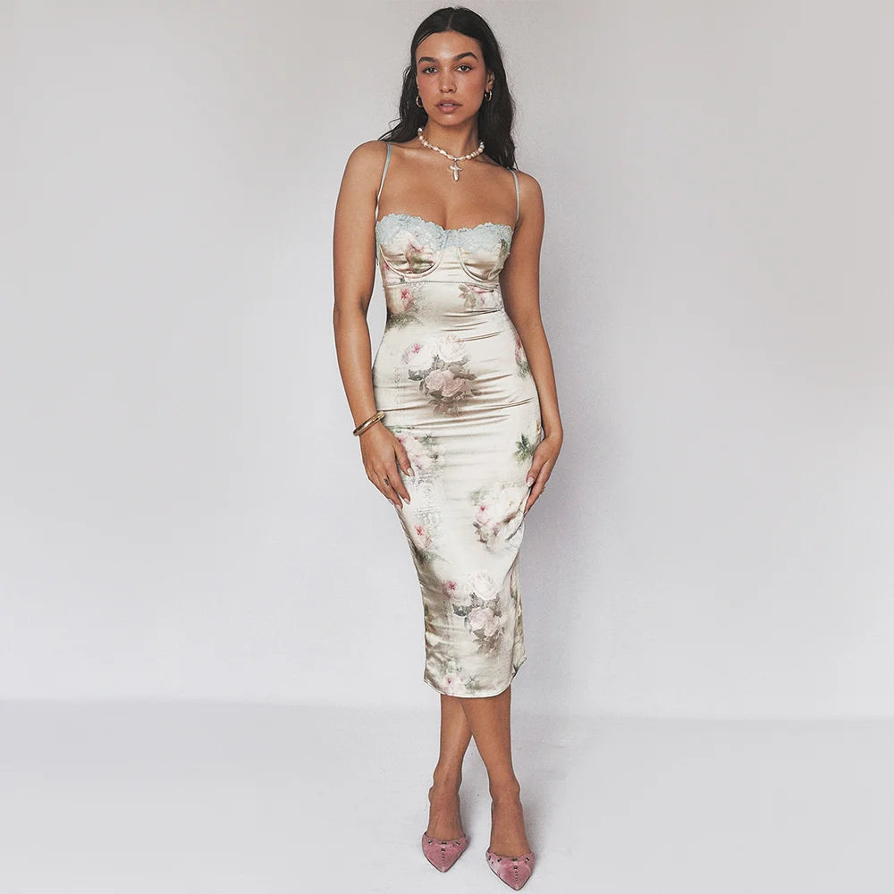 Chic Lace Silk Blend Midi Bodycon Dress for Women | ULZZANG BELLA