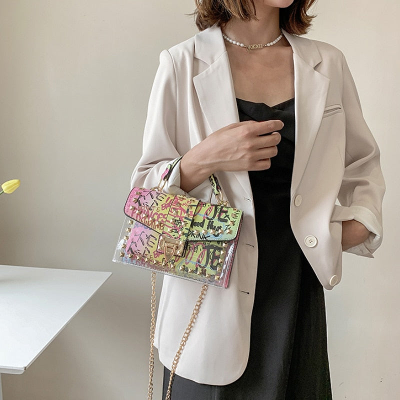 Graffiti Rivets PVC Crossbody Messenger Handbag for Women | ULZZANG BELLA
