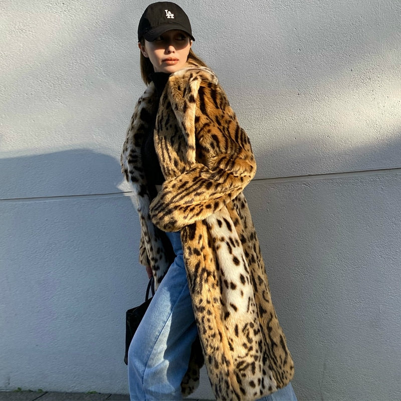 Luxury Runway Leopard Print Winter Fur Coat for Women | ULZZANG BELLA