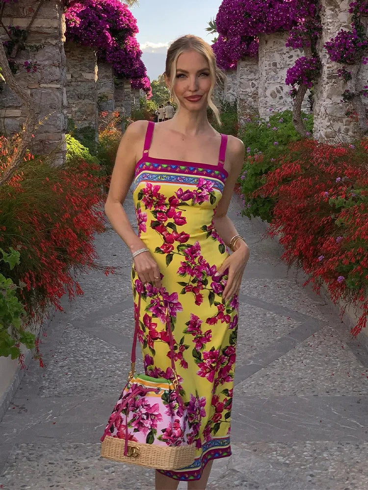 Floral Print Midi Dress with Slash Neck and Spaghetti Straps | ULZZANG BELLA