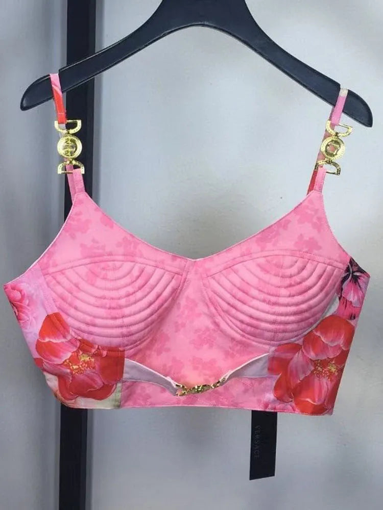 Chic Floral Spaghetti Strap Bra Midi Skirt Set for Women | ULZZANG BELLA