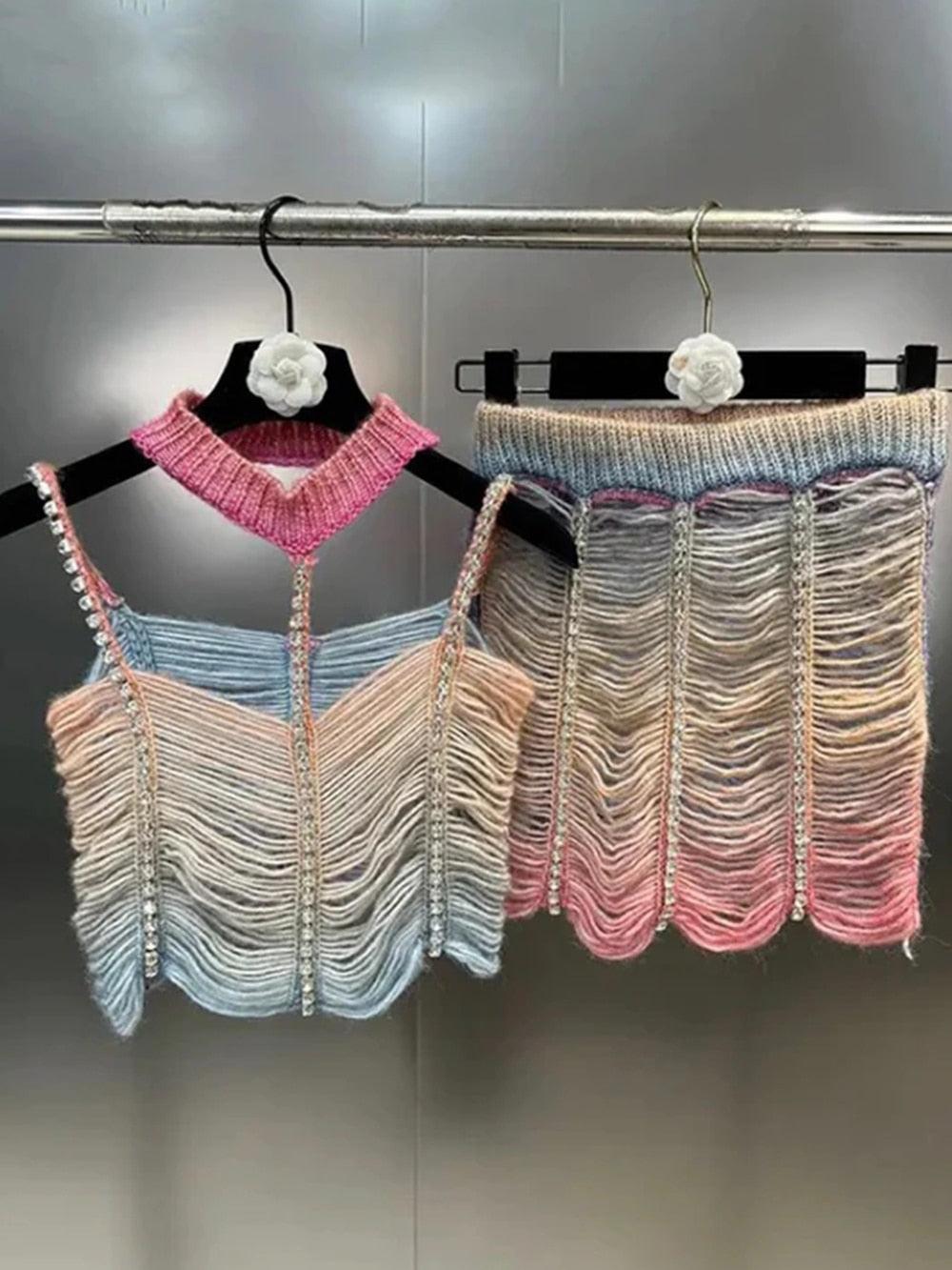 Diamond Woolen Two Piece Crop Top and Mini Skirt Set for Women | ULZZANG BELLA