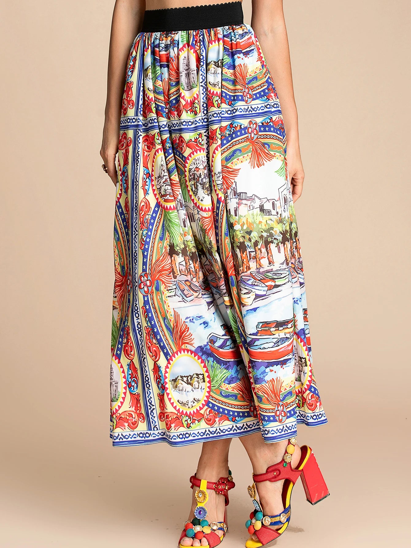 Elegant Italian Floral Print A-Line Midi Skirt for Women | ULZZANG BELLA
