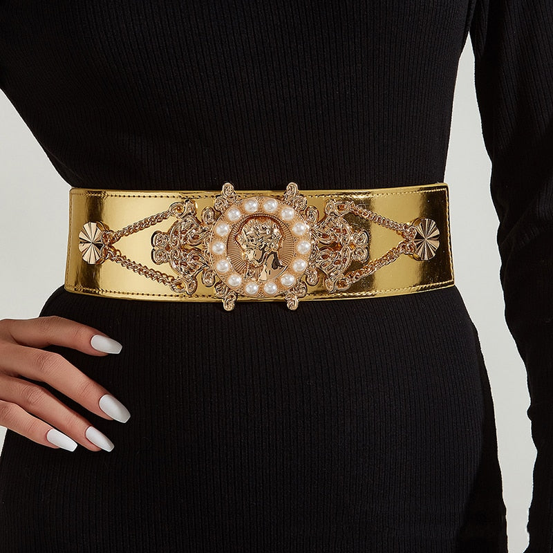 Golden Pearl Embellished Wide Waist Belt for Women | ULZZANG BELLA