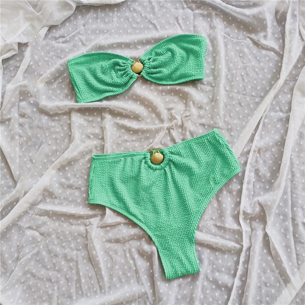 Seashell Paradise High Waist Bandeau Bikini Set for Women | ULZZANG BELLA