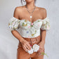 French Floral Bubble Sleeve Lace-Up Crop Top for Women | ULZZANG BELLA