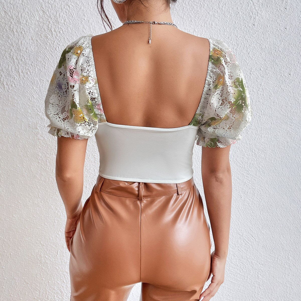 French Floral Bubble Sleeve Lace-Up Crop Top for Women | ULZZANG BELLA