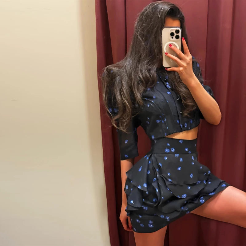 Lisette Floral-Print Puff-Sleeve Crop Top and Ruffle Mini Skirt Set | ULZZANG BELLA