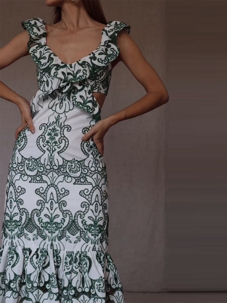 Chic Elegant V-Neck Lace-Up Ruffled Maxi Dress for Women | ULZZANG BELLA