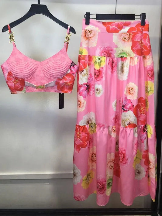 Chic Floral Spaghetti Strap Bra Midi Skirt Set for Women | ULZZANG BELLA