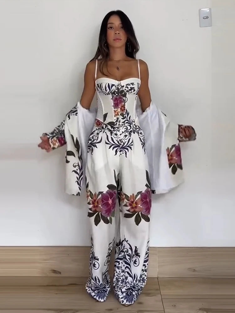 Ottavia Floral-Print Blazer, Corset Top and Wide-Leg Pants Set | ULZZANG BELLA