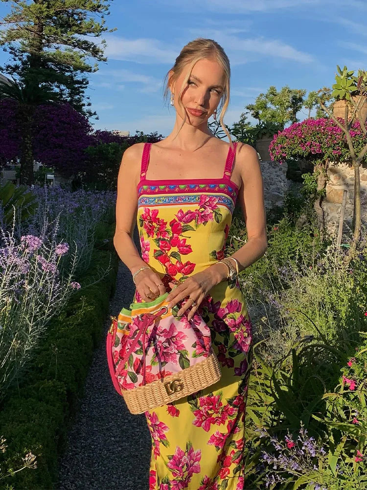 Floral Print Midi Dress with Slash Neck and Spaghetti Straps | ULZZANG BELLA
