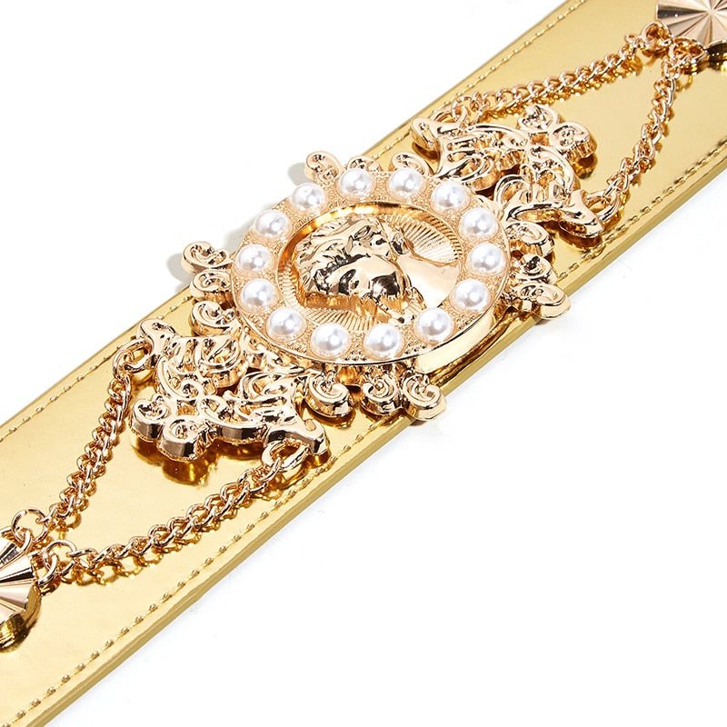 Golden Pearl Embellished Wide Waist Belt for Women | ULZZANG BELLA