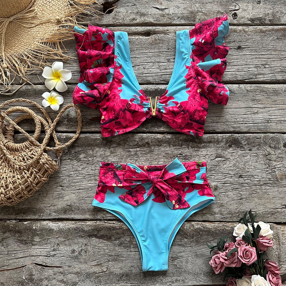 Floral Delight Ruffles Bandage Bikini Set for Women | ULZZANG BELLA