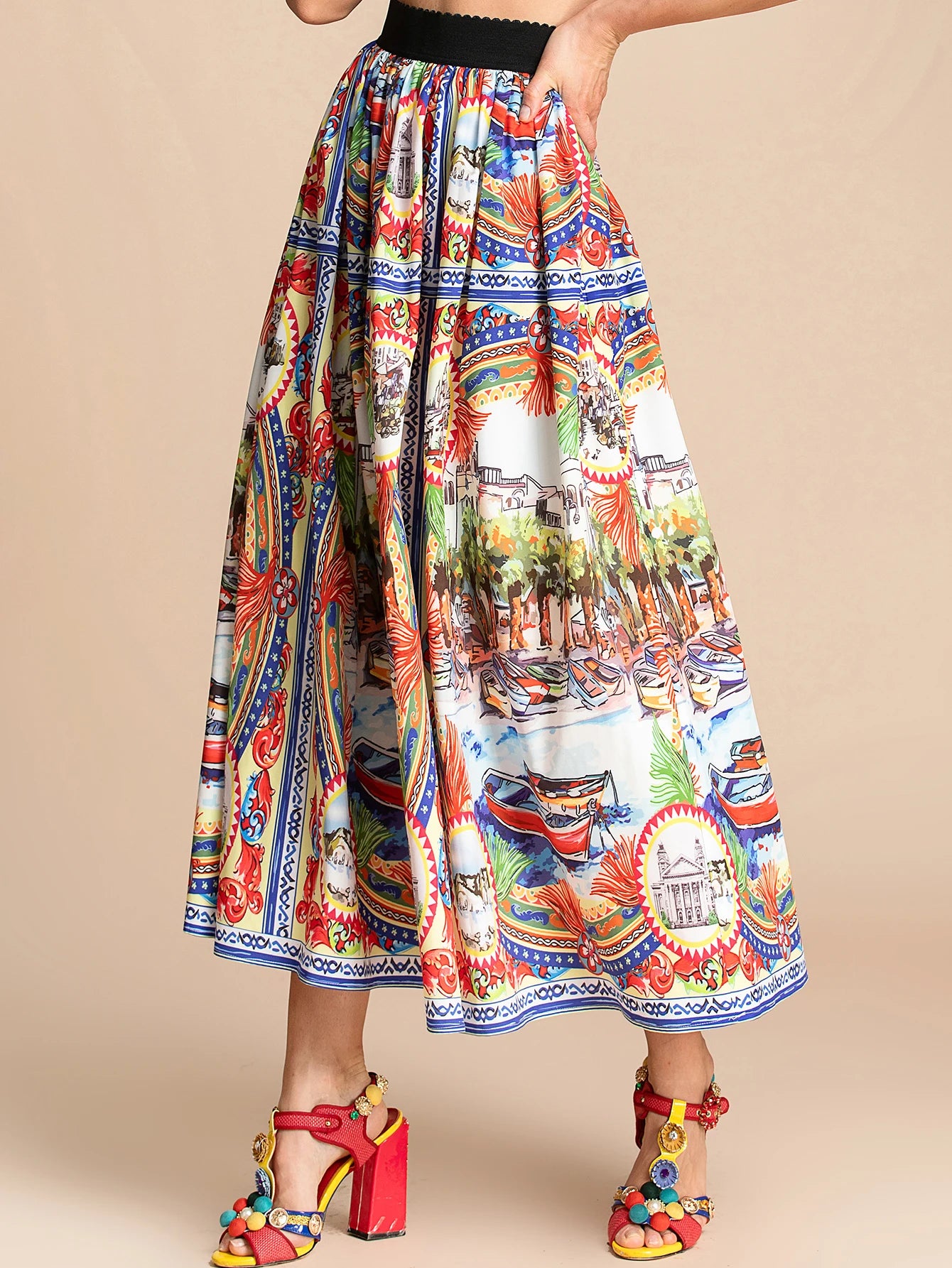 Elegant Italian Floral Print A-Line Midi Skirt for Women | ULZZANG BELLA