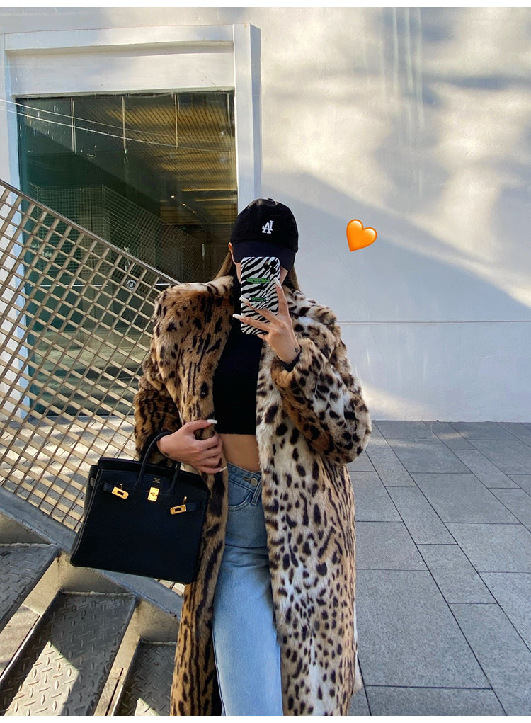 Luxury Runway Leopard Print Winter Fur Coat for Women | ULZZANG BELLA