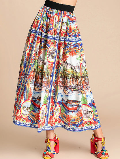 Elegant Italian Floral Print A-Line Midi Skirt for Women | ULZZANG BELLA