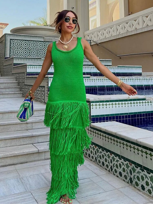 Elegant Sleeveless Layered Tassel Midi Dress for Women | ULZZANG BELLA