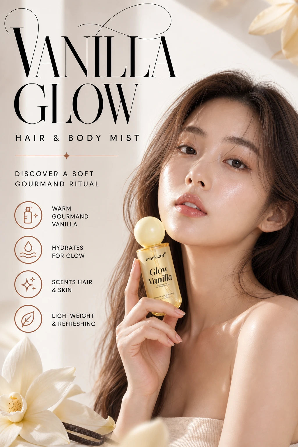Vanilla Hair Body Fragrance Mist 100ml | MEDICUBE | MEDICUBE Glow Vanilla Hair & Body Mist 100ml | K-Beauty